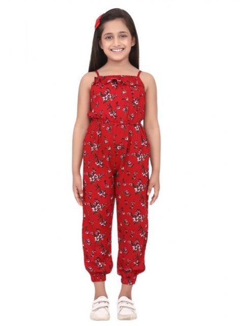 Generic Girl's Rayon Floral Sleeveless Jumpsuit (Red)