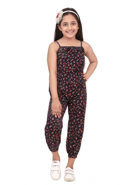 Generic Girl's Rayon Floral Sleeveless Jumpsuit (Black-Red)