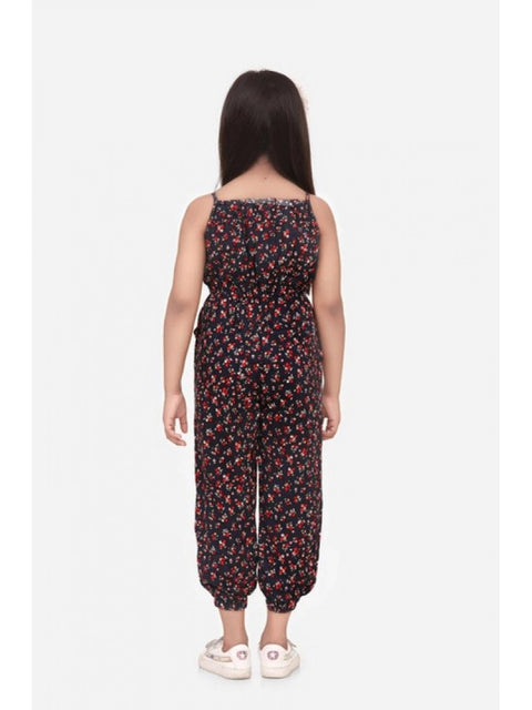Generic Girl's Rayon Floral Sleeveless Jumpsuit (Black-Red)
