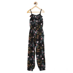 Generic Girl's Rayon Floral Sleeveless Jumpsuit (Black-Pink)