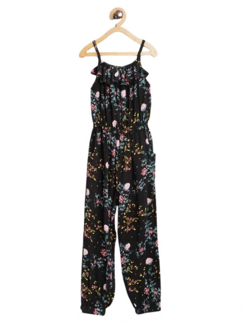 Generic Girl's Rayon Floral Sleeveless Jumpsuit (Black-Pink)