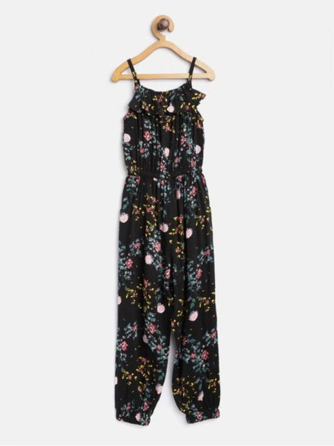 Generic Girl's Rayon Floral Sleeveless Jumpsuit (Black-Pink)