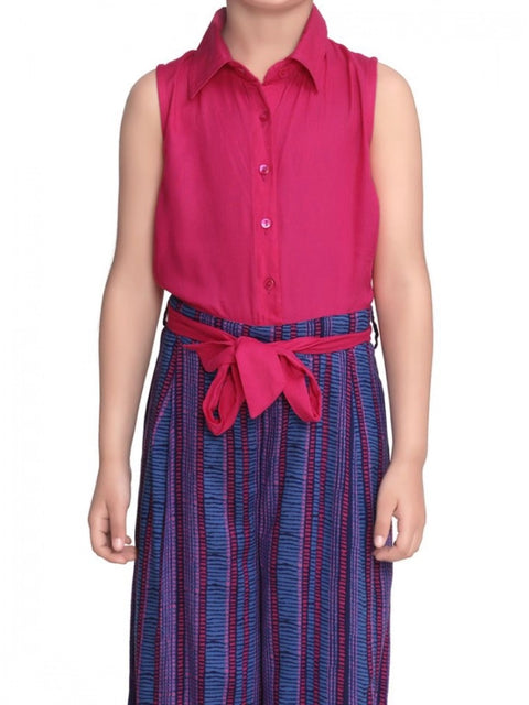 Generic Girl's Rayon Colour Block Sleeveless Jumpsuit (Pink-Blue)