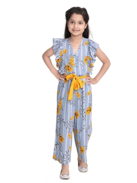 Generic Girl's Rayon Floral Flutter Jumpsuit (Blue-Yellow)