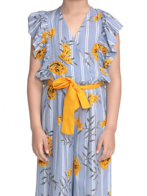 Generic Girl's Rayon Floral Flutter Jumpsuit (Blue-Yellow)
