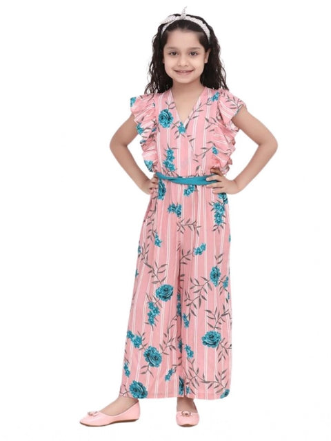Generic Girl's Rayon Floral Flutter Jumpsuit (Pink-Blue)