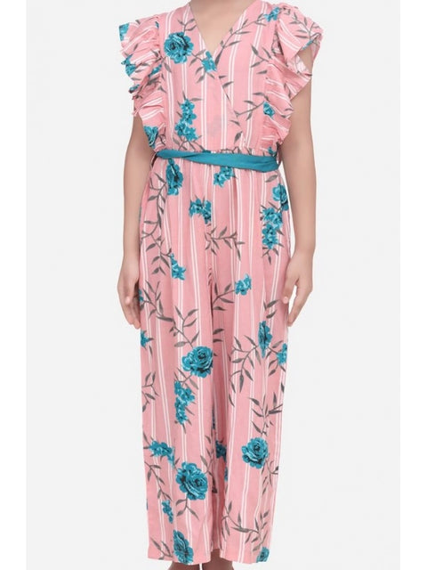 Generic Girl's Rayon Floral Flutter Jumpsuit (Pink-Blue)