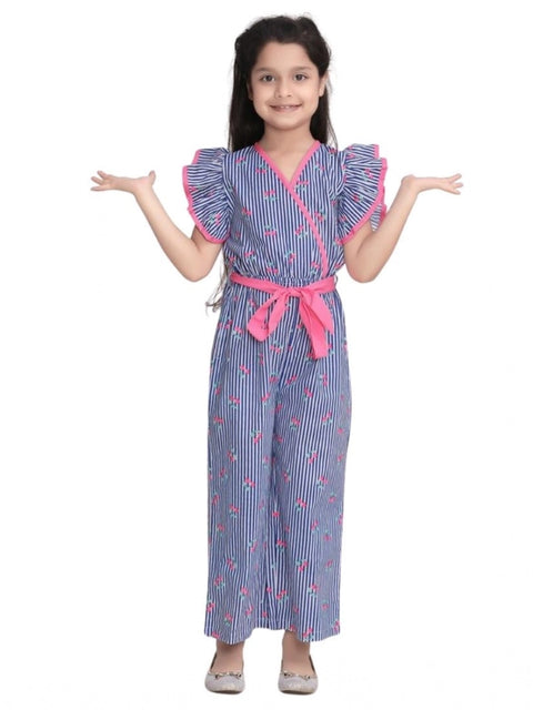 Generic Girl's Cotton Striped Flutter Jumpsuit (Blue-Pink)