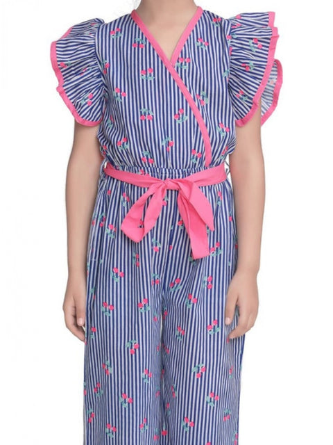 Generic Girl's Cotton Striped Flutter Jumpsuit (Blue-Pink)
