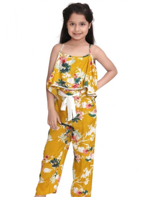 Generic Girl's Rayon Floral Shoulder Straps Jumpsuit (Mustard)