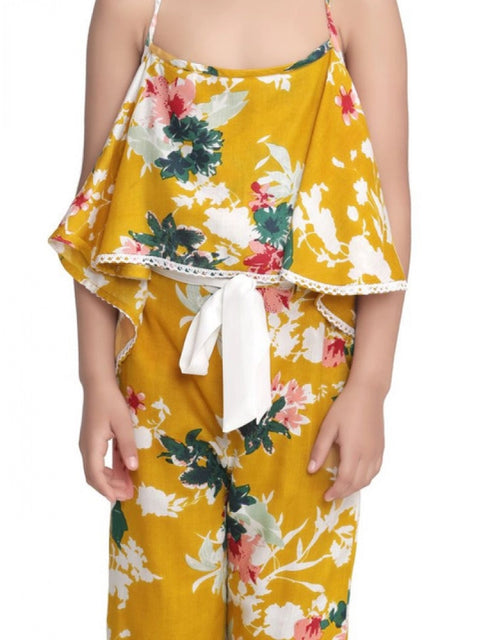 Generic Girl's Rayon Floral Shoulder Straps Jumpsuit (Mustard)