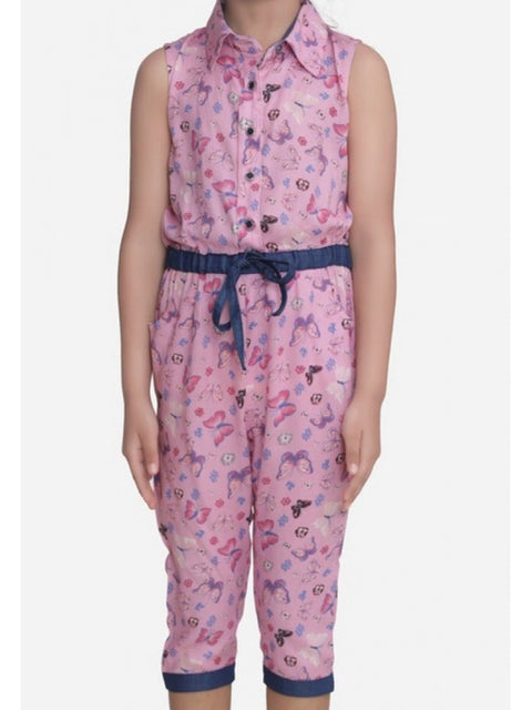 Generic Girl's Cotton Printed Sleeveless Jumpsuit (Pink)