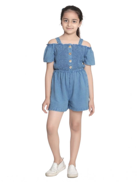 Generic Girl's Rayon Solid Sleeveless Jumpsuit (Blue)