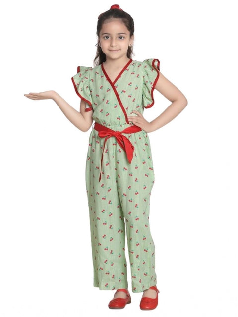 Generic Girl's Rayon Printed Flutter Jumpsuit (Green)