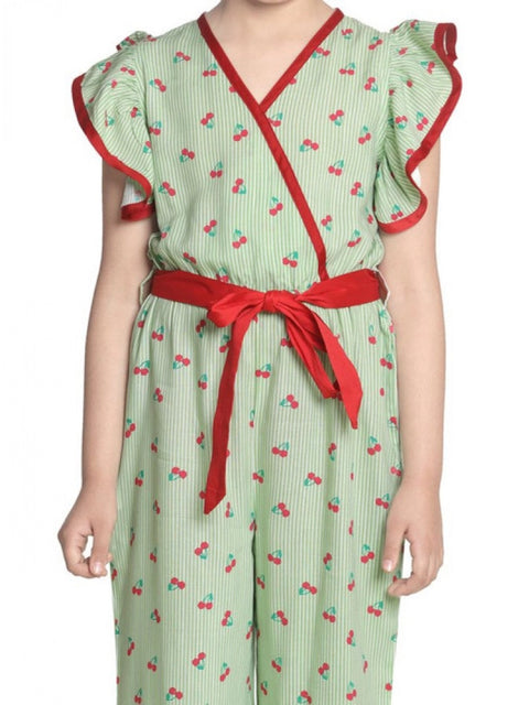 Generic Girl's Rayon Printed Flutter Jumpsuit (Green)