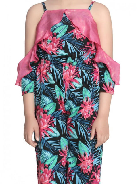 Generic Girl's Polyester Floral Cold Shoulder Jumpsuit (Pink)