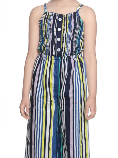 Generic Girl's Rayon Striped Sleeveless Jumpsuit (Blue)