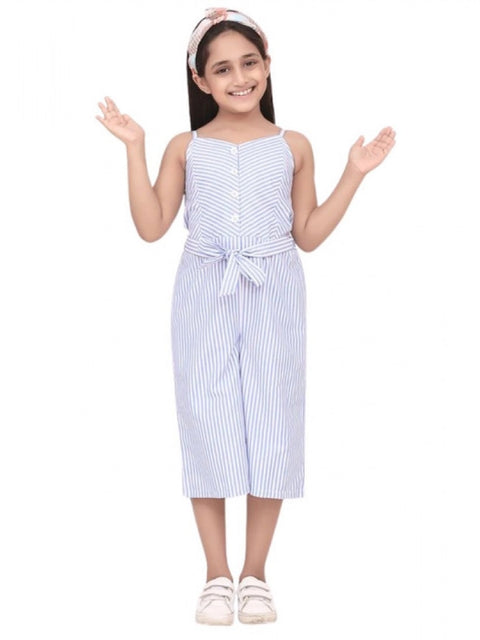 Generic Girl's Polyester Cotton Blend Striped Sleeveless Jumpsuit (Light Blue)