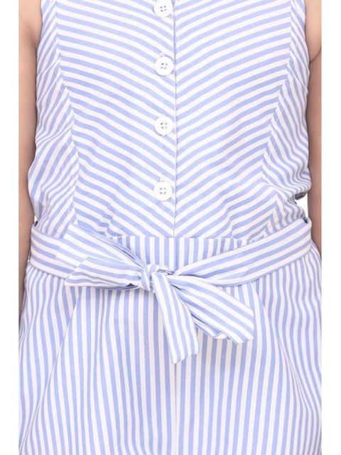 Generic Girl's Polyester Cotton Blend Striped Sleeveless Jumpsuit (Light Blue)