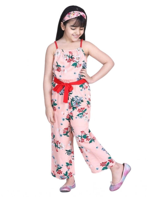 Generic Girl's Polyester Crepe Floral Shoulder Straps Jumpsuit (Peach-Red)