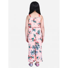 Generic Girl's Polyester Crepe Floral Shoulder Straps Jumpsuit (Peach-Red)