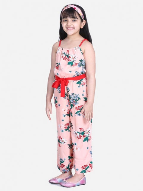 Generic Girl's Polyester Crepe Floral Shoulder Straps Jumpsuit (Peach-Red)