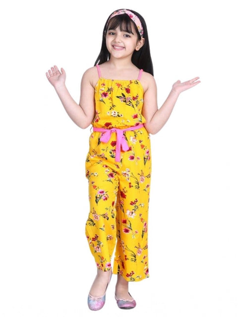 Generic Girl's Polyester Crepe Floral Shoulder Straps Jumpsuit (Yellow-Pink)
