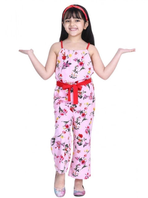 Generic Girl's Polyester Crepe Floral Shoulder Straps Jumpsuit (Pink-Red)