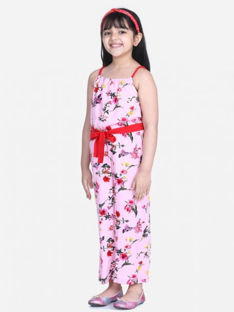Generic Girl's Polyester Crepe Floral Shoulder Straps Jumpsuit (Pink-Red)