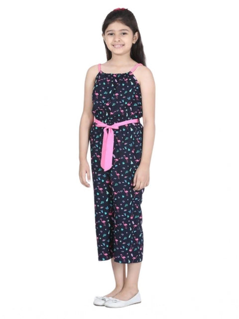 Generic Girl's Rayon Flamingo Print Sleeveless Jumpsuit (Black-Pink)