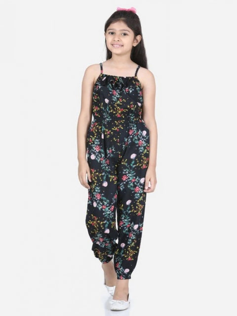 Generic Girl's Rayon Flamingo Print Sleeveless Jumpsuit (Black-Multicolor)