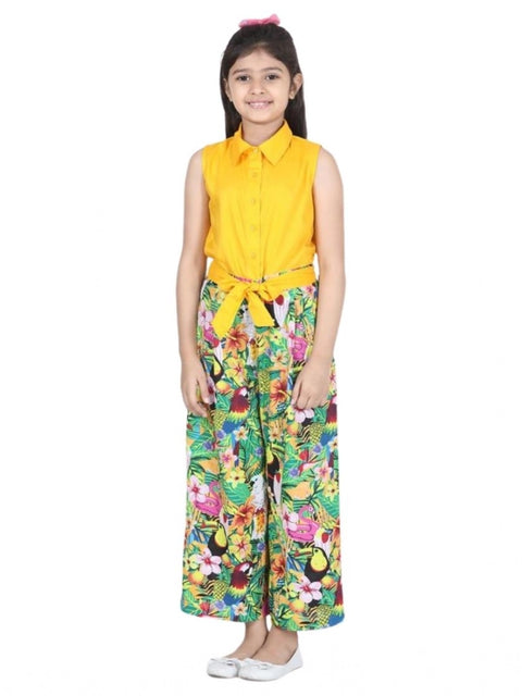 Generic Girl's Rayon Flamingo Print Sleeveless Jumpsuit (Yellow-Multicolor)