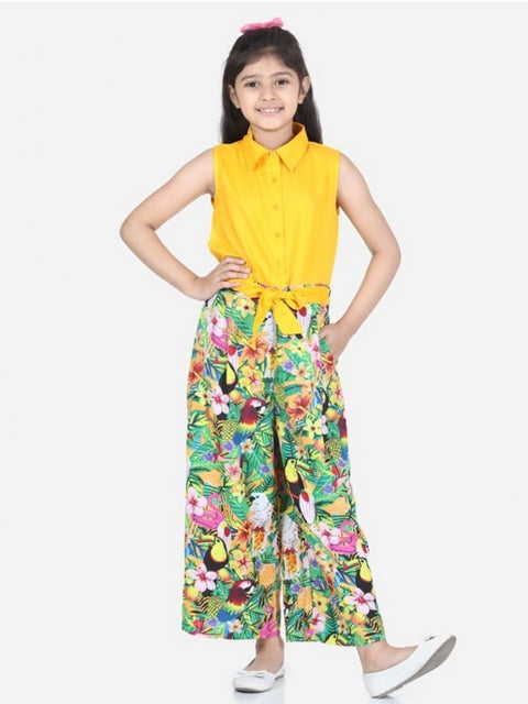 Generic Girl's Rayon Flamingo Print Sleeveless Jumpsuit (Yellow-Multicolor)