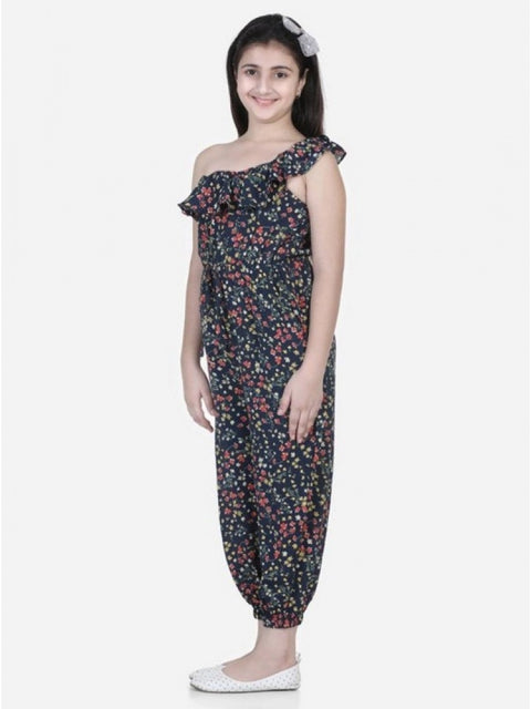 Generic Girl's Polyester Moss Floral Sleeveless Jumpsuit (Multicolor)