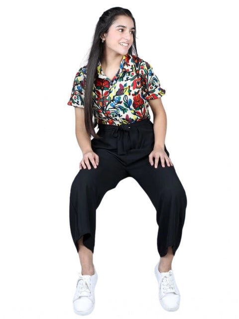 Generic Girl's Polyester Printed Short Sleeves Jumpsuit (Multicolor-Black)