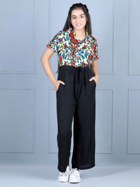 Generic Girl's Polyester Printed Short Sleeves Jumpsuit (Multicolor-Black)