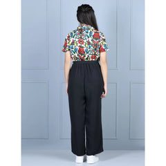 Generic Girl's Polyester Printed Short Sleeves Jumpsuit (Multicolor-Black)