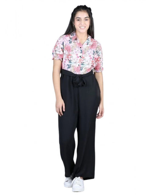 Generic Girl's Polyester Floral Short Sleeves Jumpsuit (White-Black)