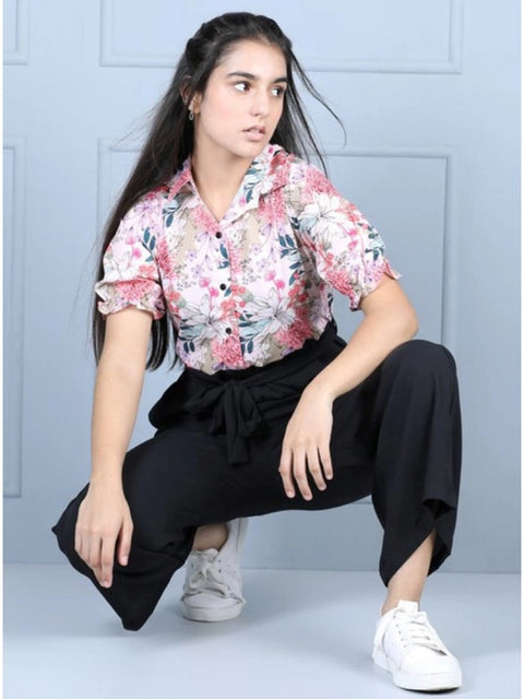 Generic Girl's Polyester Floral Short Sleeves Jumpsuit (White-Black)