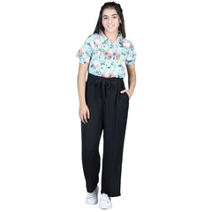 Generic Girl's Polyester Floral Short Sleeves Jumpsuit (Green-Black)