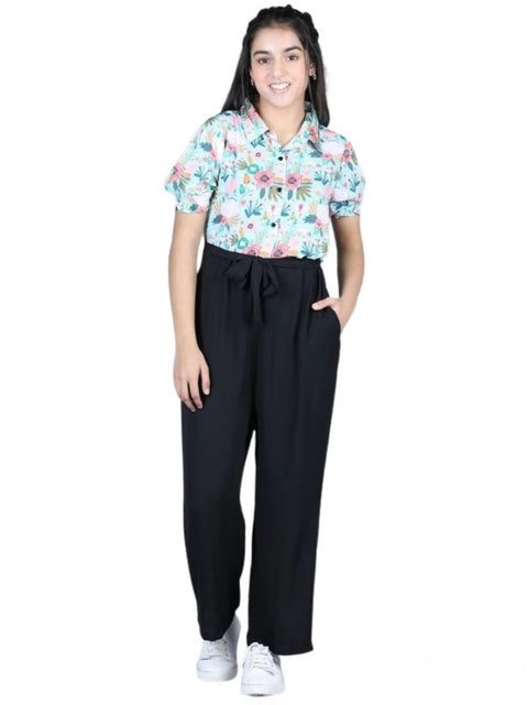 Generic Girl's Polyester Floral Short Sleeves Jumpsuit (Green-Black)