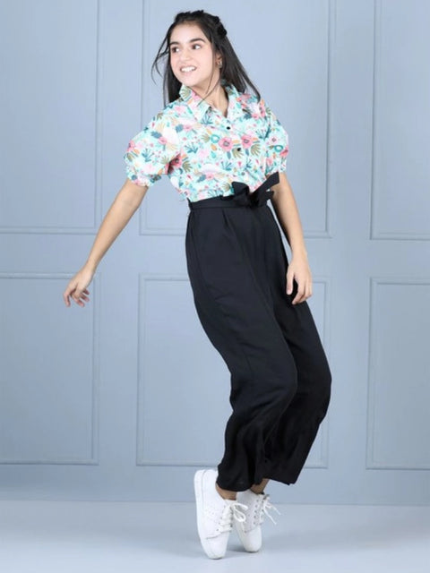 Generic Girl's Polyester Floral Short Sleeves Jumpsuit (Green-Black)