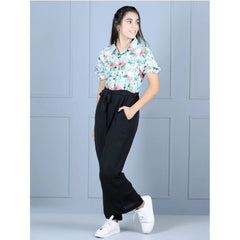 Generic Girl's Polyester Floral Short Sleeves Jumpsuit (Green-Black)