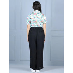 Generic Girl's Polyester Floral Short Sleeves Jumpsuit (Green-Black)