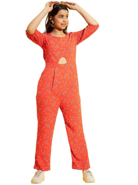 Generic Girl's Polyester Floral 3/4th Sleeve Jumpsuit (Coral)