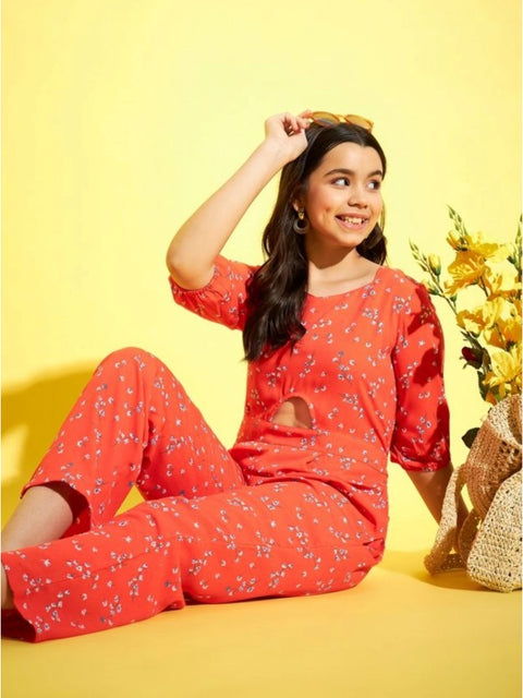 Generic Girl's Polyester Floral 3/4th Sleeve Jumpsuit (Coral)