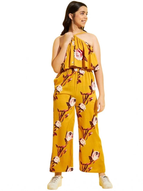 Generic Girl's Polyester Crepe Floral Sleeveless Jumpsuit (Mustard)