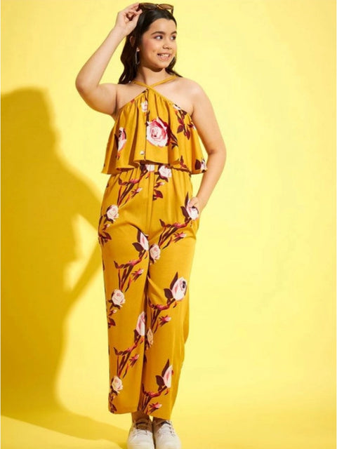 Generic Girl's Polyester Crepe Floral Sleeveless Jumpsuit (Mustard)
