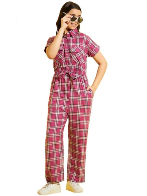 Generic Girl's Cotton Checkered Short Sleeves Jumpsuit (Pink)