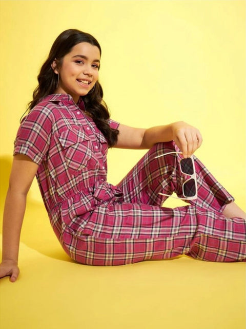Generic Girl's Cotton Checkered Short Sleeves Jumpsuit (Pink)